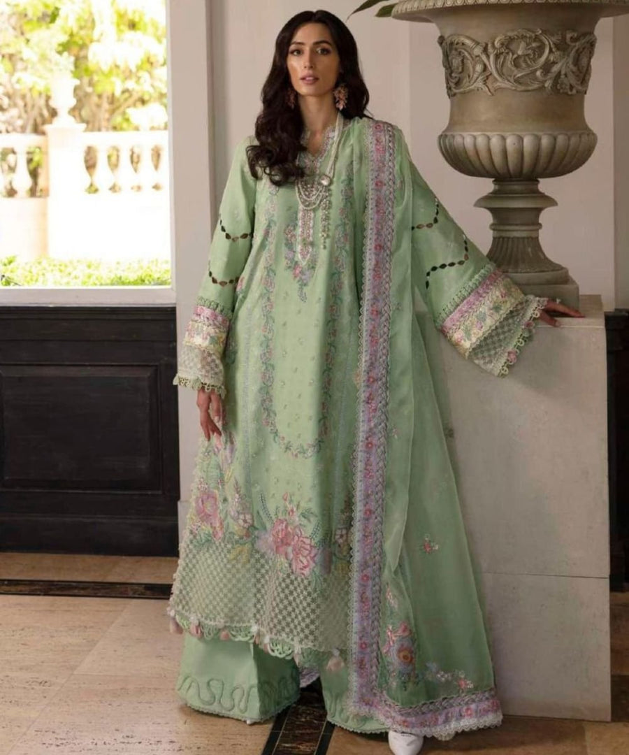 Aurélie MC – 04 – 3 Piece Luxury Lawn Embroidered Unstitched Suit with Organza Dupatta